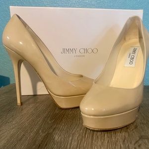 Jimmy Choo Cosmic Patent Leather Nude Platform Heels